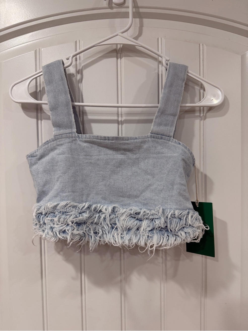 DL1961 Light Wash Denim Cropped Tank with Frayed Trim